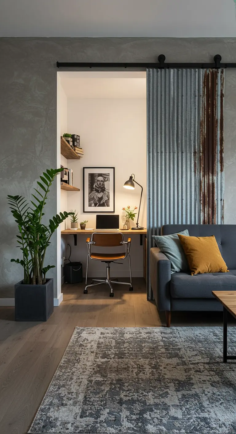 Industrial-style room with a corrugated metal sliding door sectioning off a small office nook.