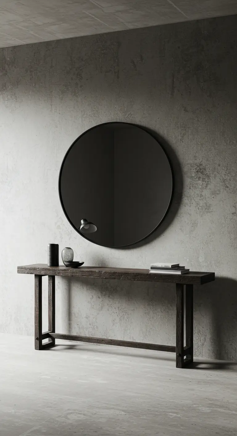 A dark wood console table stands against a gray concrete wall with a round black mirror.