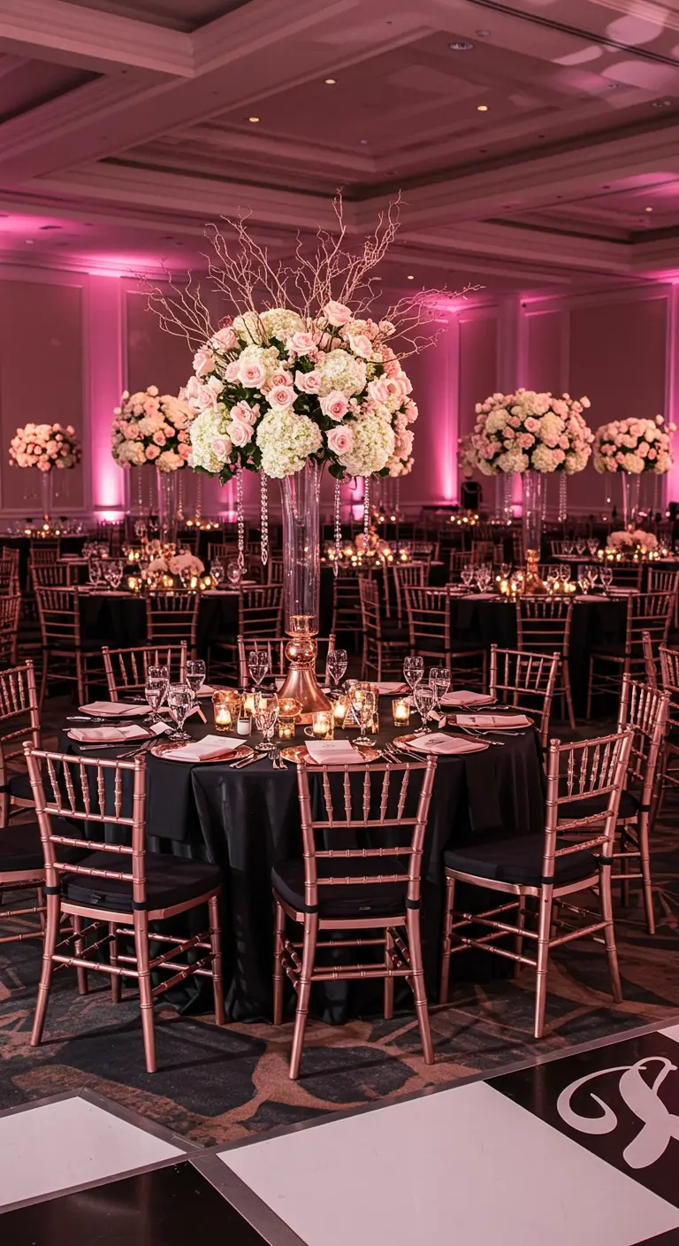 Ballroom with tall floral centerpieces, rose gold chairs, and dramatic pink uplighting.