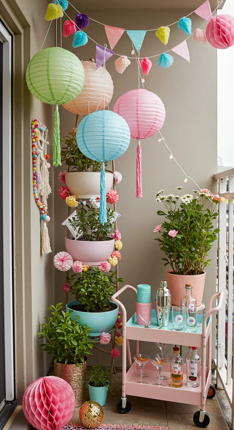 A balcony corner decorated for a party with lanterns and a bar cart.