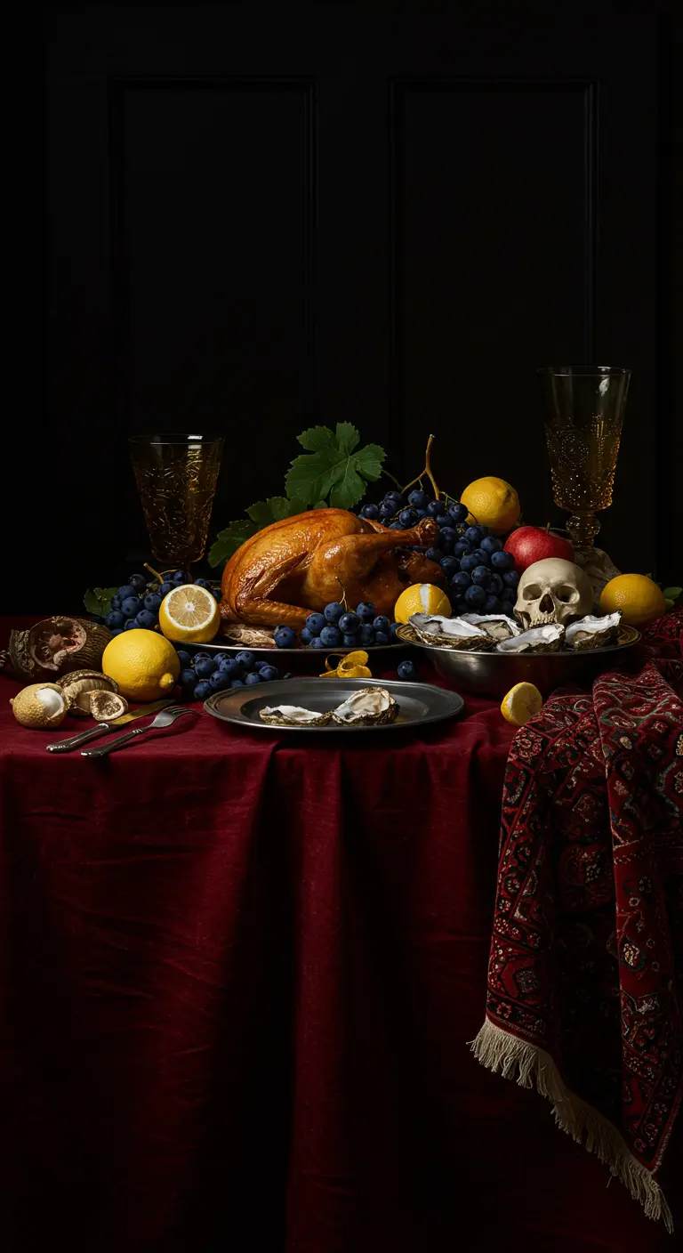 A lavish, dark tablescape styled after a Dutch still-life painting, with a roasted chicken and fruit.