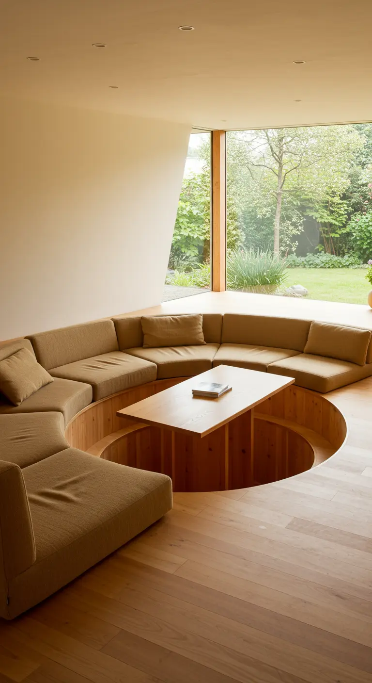 A modern sunken living room with a built-in sectional sofa surrounding a central pit.