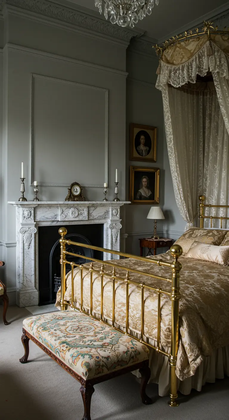 Elegant grey bedroom with a marble fireplace, a brass bed, and a partial lace canopy.