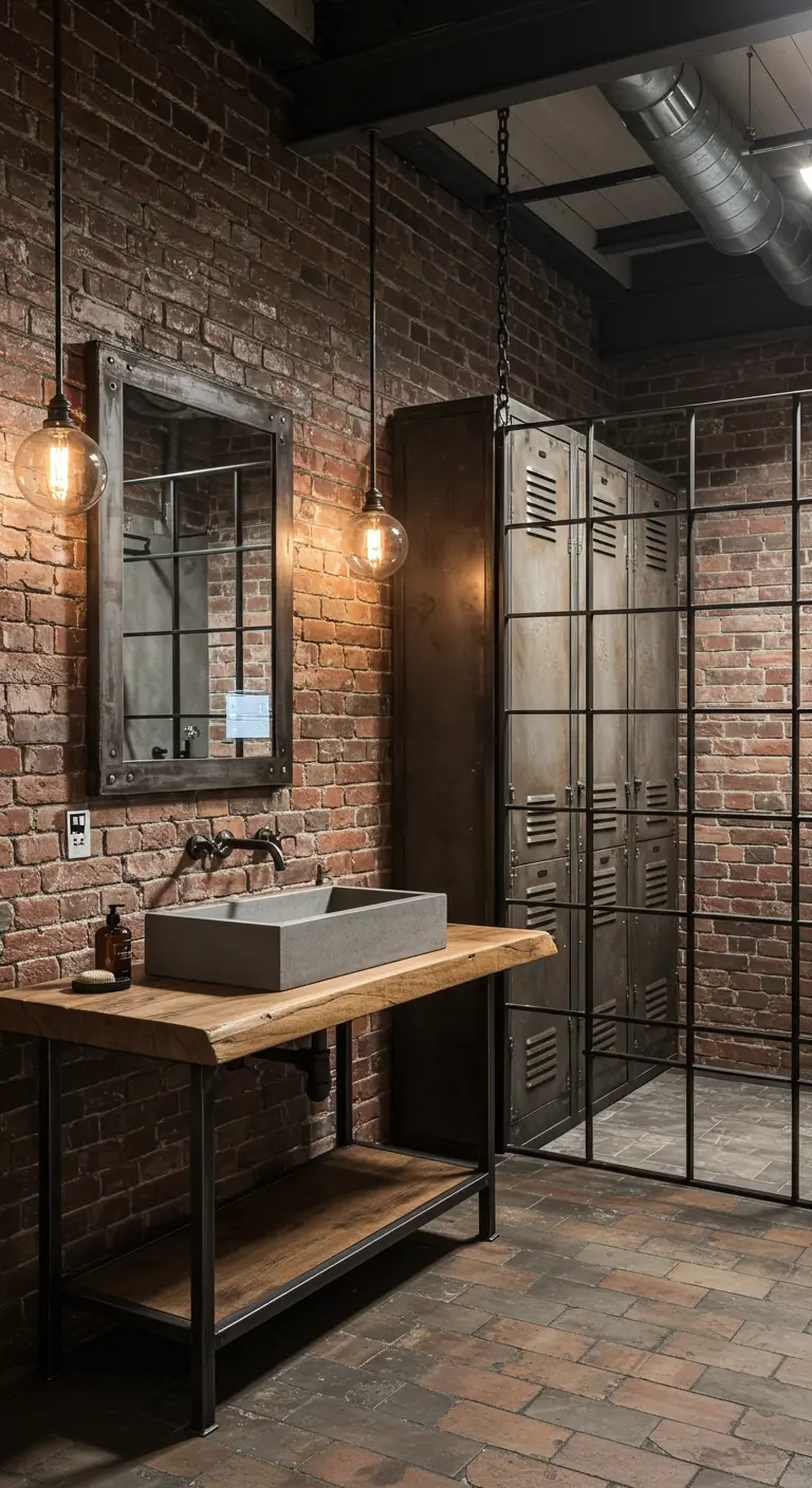 Industrial bathroom with exposed brick, metal lockers, and wood vanity.