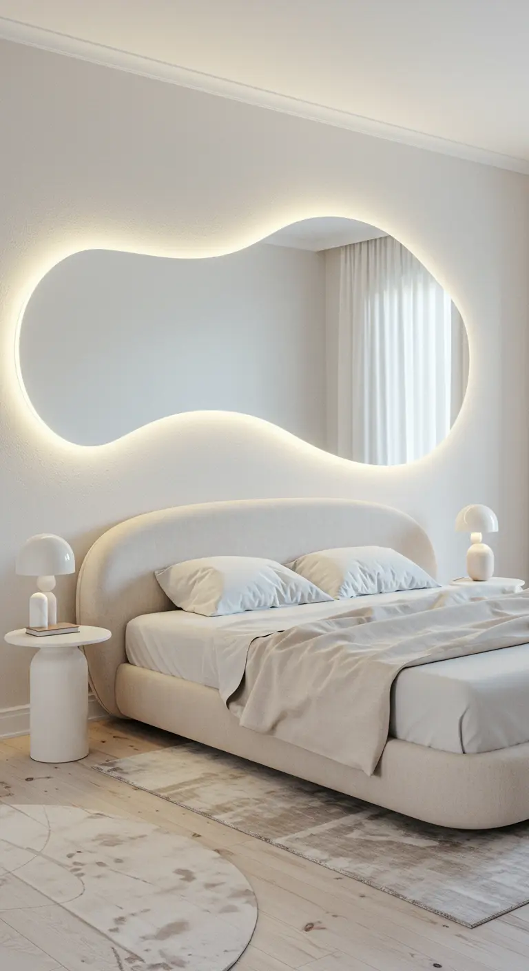 A large, organic-shaped backlit mirror hangs over a bed in a white bedroom.