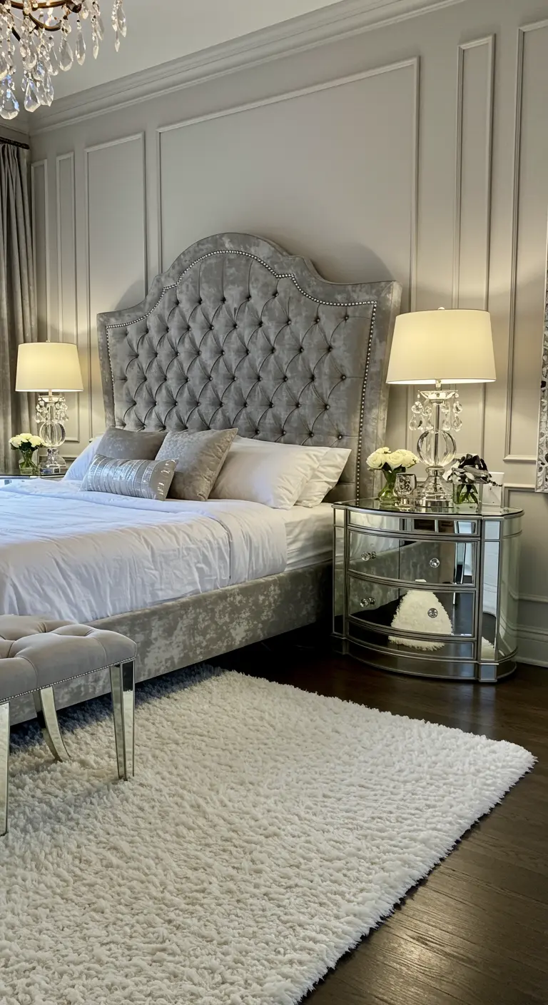 Grey tufted velvet bed flanked by mirrored nightstands with crystal lamps.