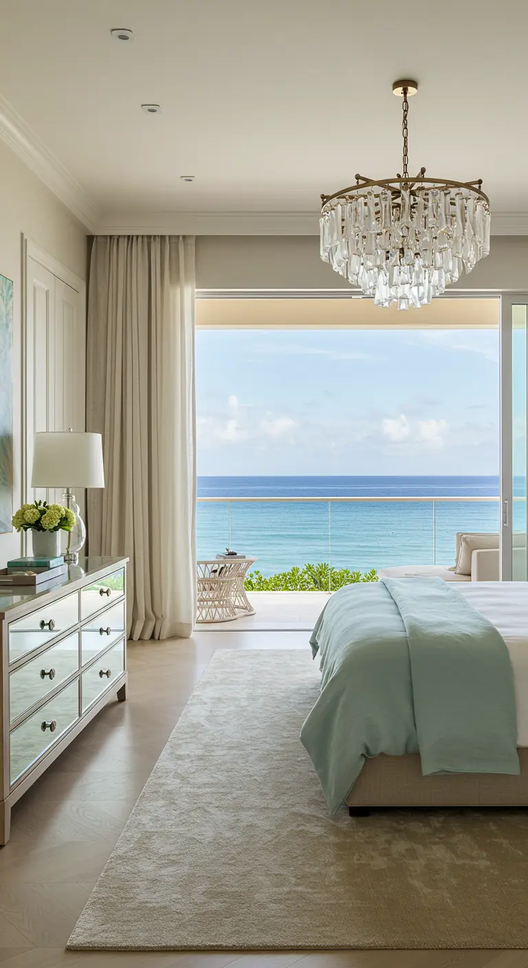 Bedroom with a mirrored dresser and a crystal chandelier, overlooking an ocean view from a balcony.