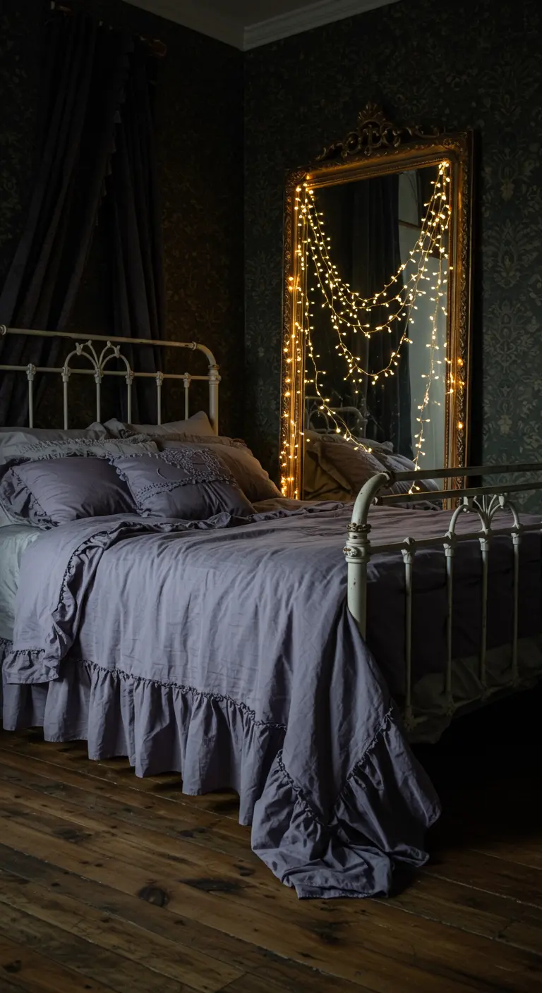 Moody bedroom with a large ornate mirror draped in fairy lights.