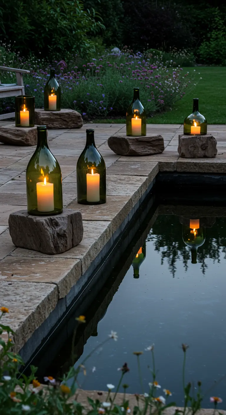 Large green bottle candles on blocky driftwood pieces along the edge of a reflecting pool.