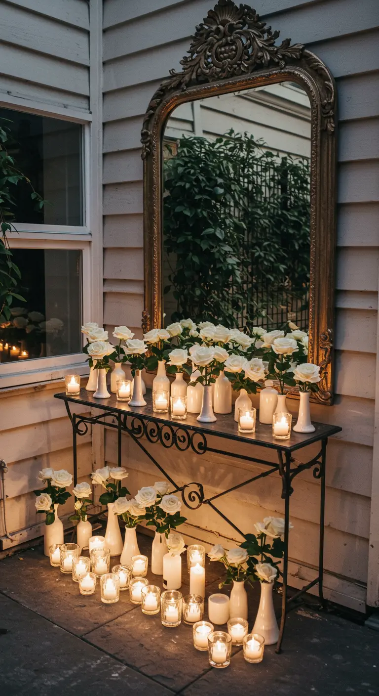 An ornate mirror on a wall reflecting a console table crowded with white roses in vases.