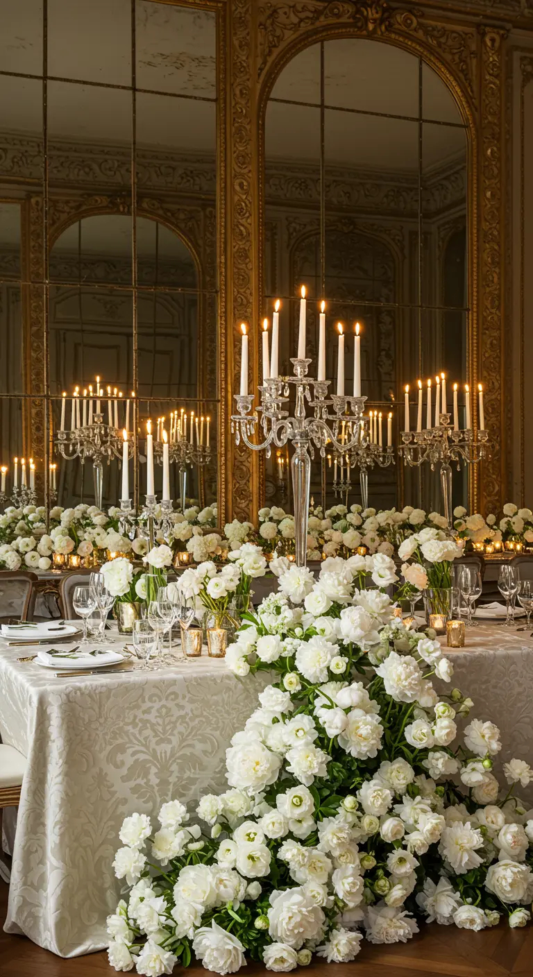 Lavish white tablescape with tall candelabras reflected in large gold mirrors.