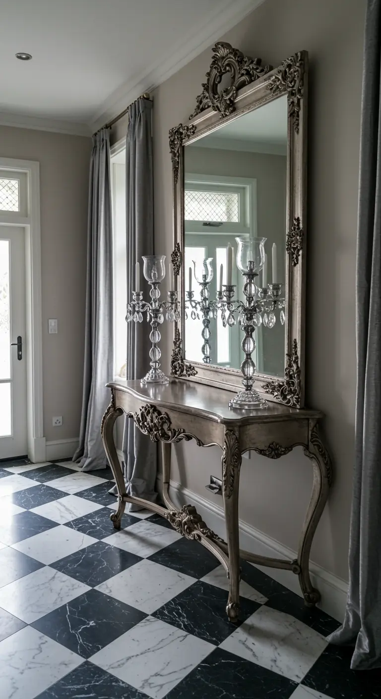 Ornate silver mirror and console table with crystal candelabras on a black and white floor.