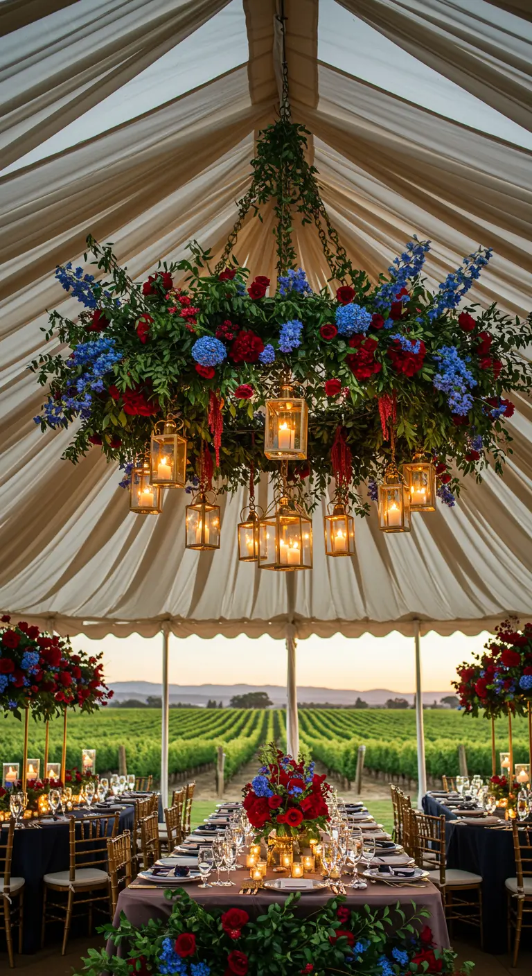 A large chandelier in a tent with red and blue flowers and hanging gold lanterns.