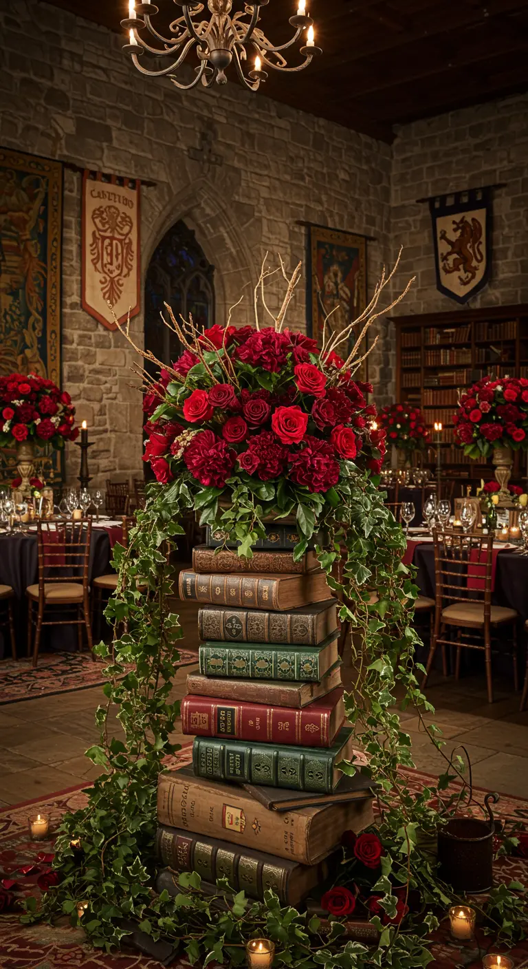 Grand hall with tapestries, a tall book stack centerpiece with red flowers and ivy.
