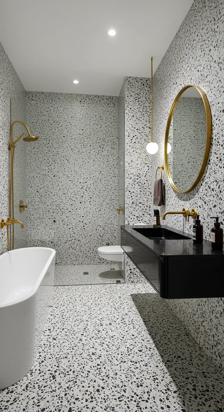 Modern bathroom with terrazzo walls and floor, a floating black sink, and brass fixtures.