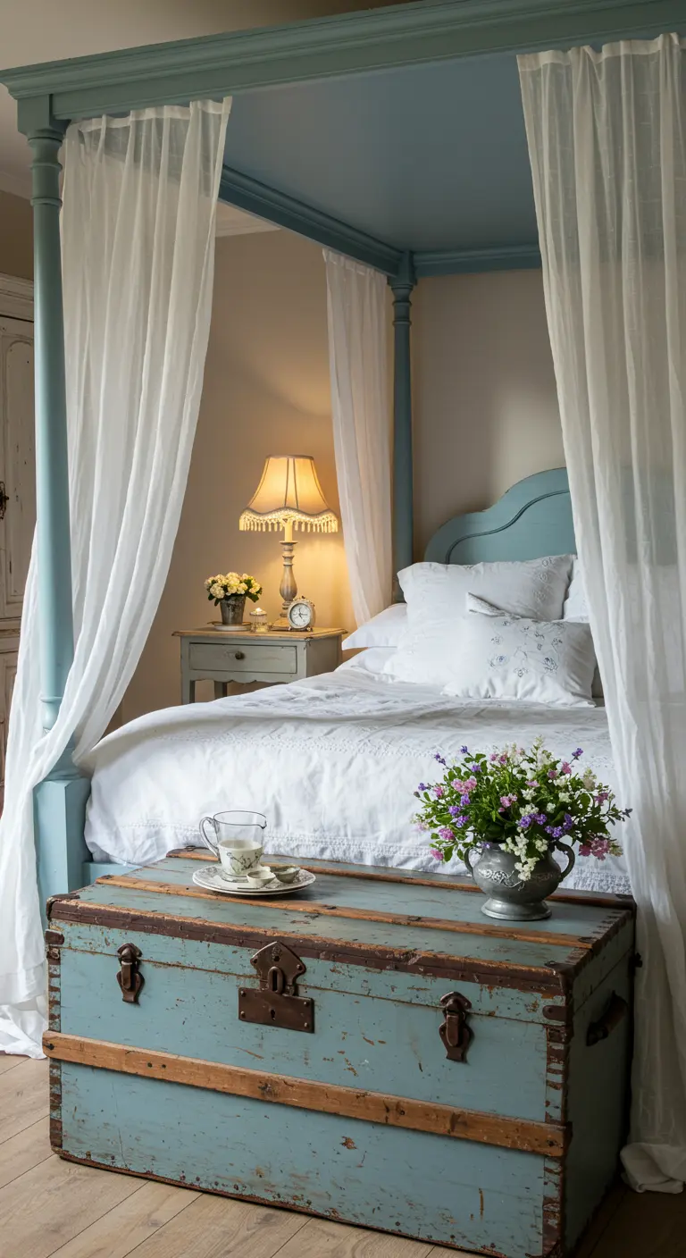 A blue four-poster bed draped with white shears and a vintage blue trunk at its base.