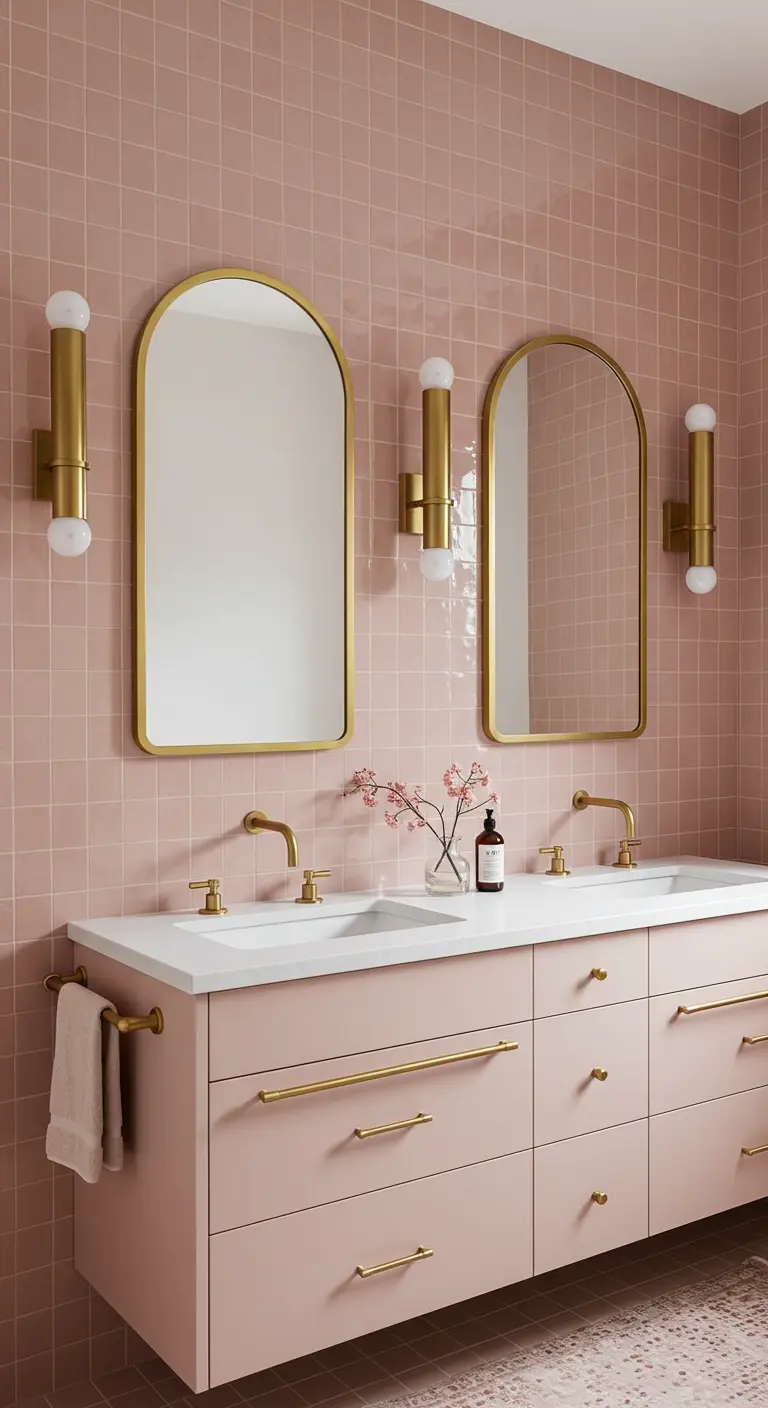 Modern pink tiled bathroom with double arched mirrors and brass hardware.