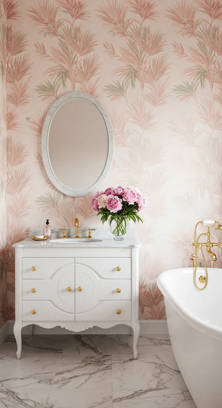 Bathroom with pink and green palm wallpaper, a white vanity, and gold fixtures.