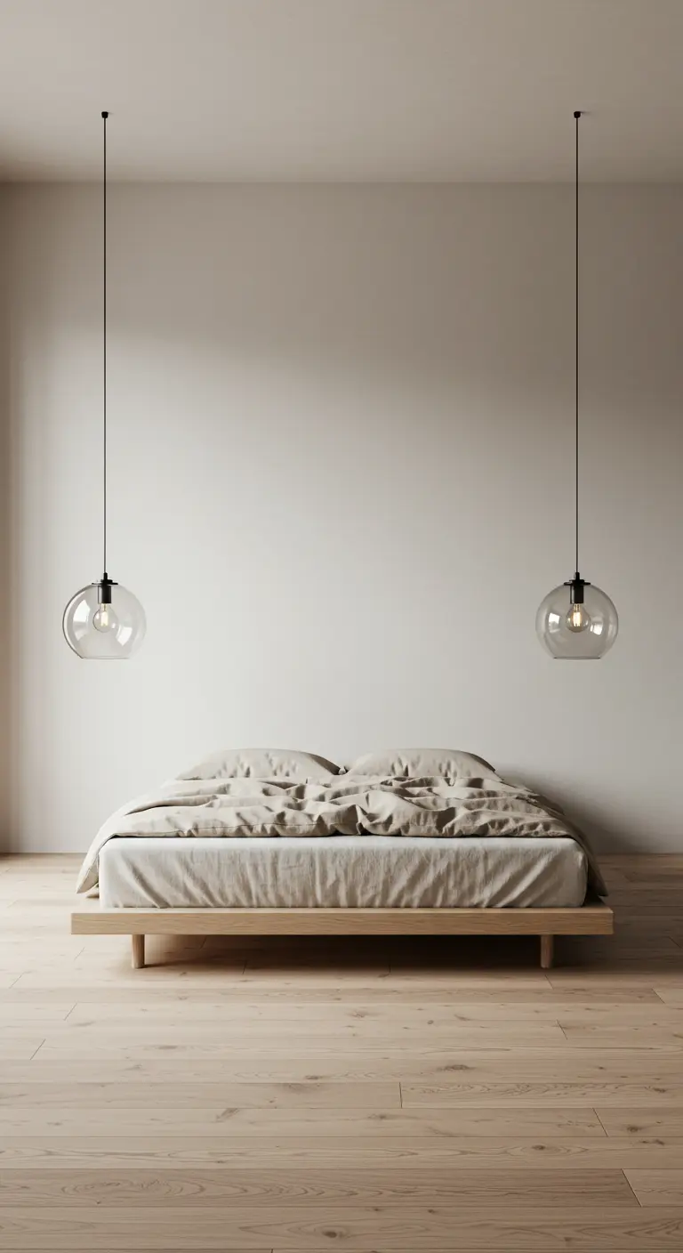 A minimalist bed is flanked by two glass globe pendant lights hanging from the ceiling.
