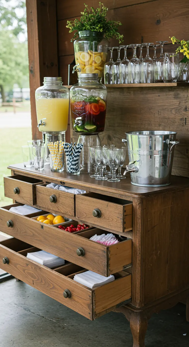 A vintage wooden dresser repurposed as a drink station with glass dispensers and organized drawers.