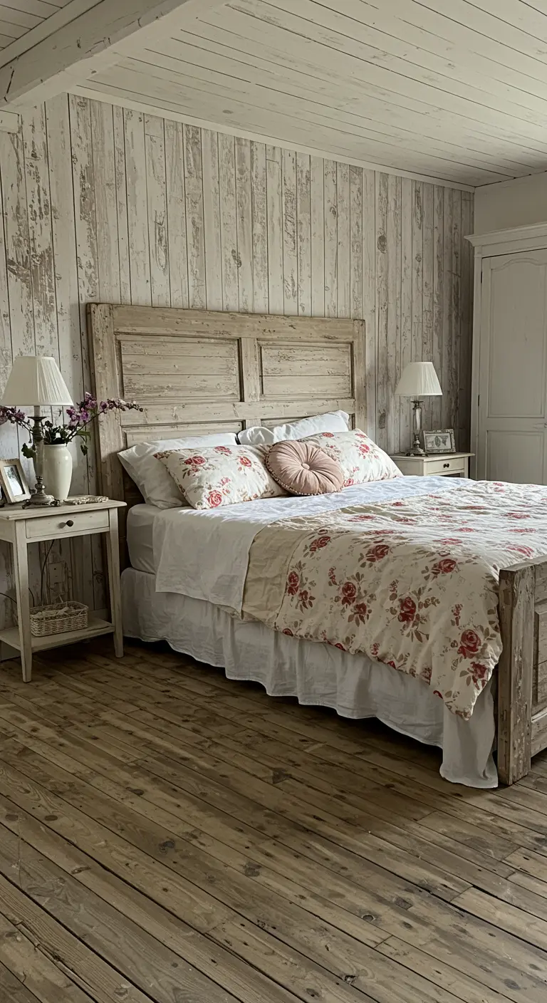 A rustic bedroom with weathered wood paneling and a headboard made from a reclaimed door.