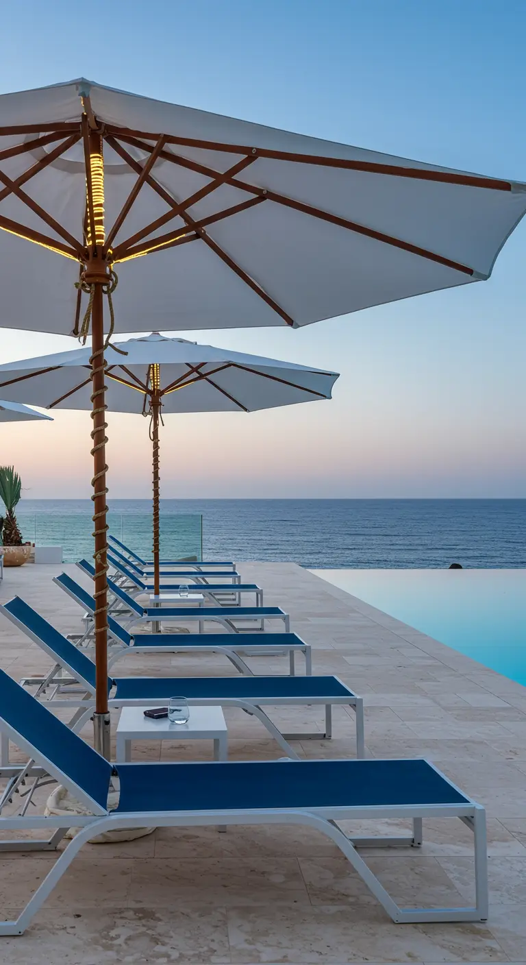 Poolside loungers with umbrellas that have rope lights wrapped around their poles.