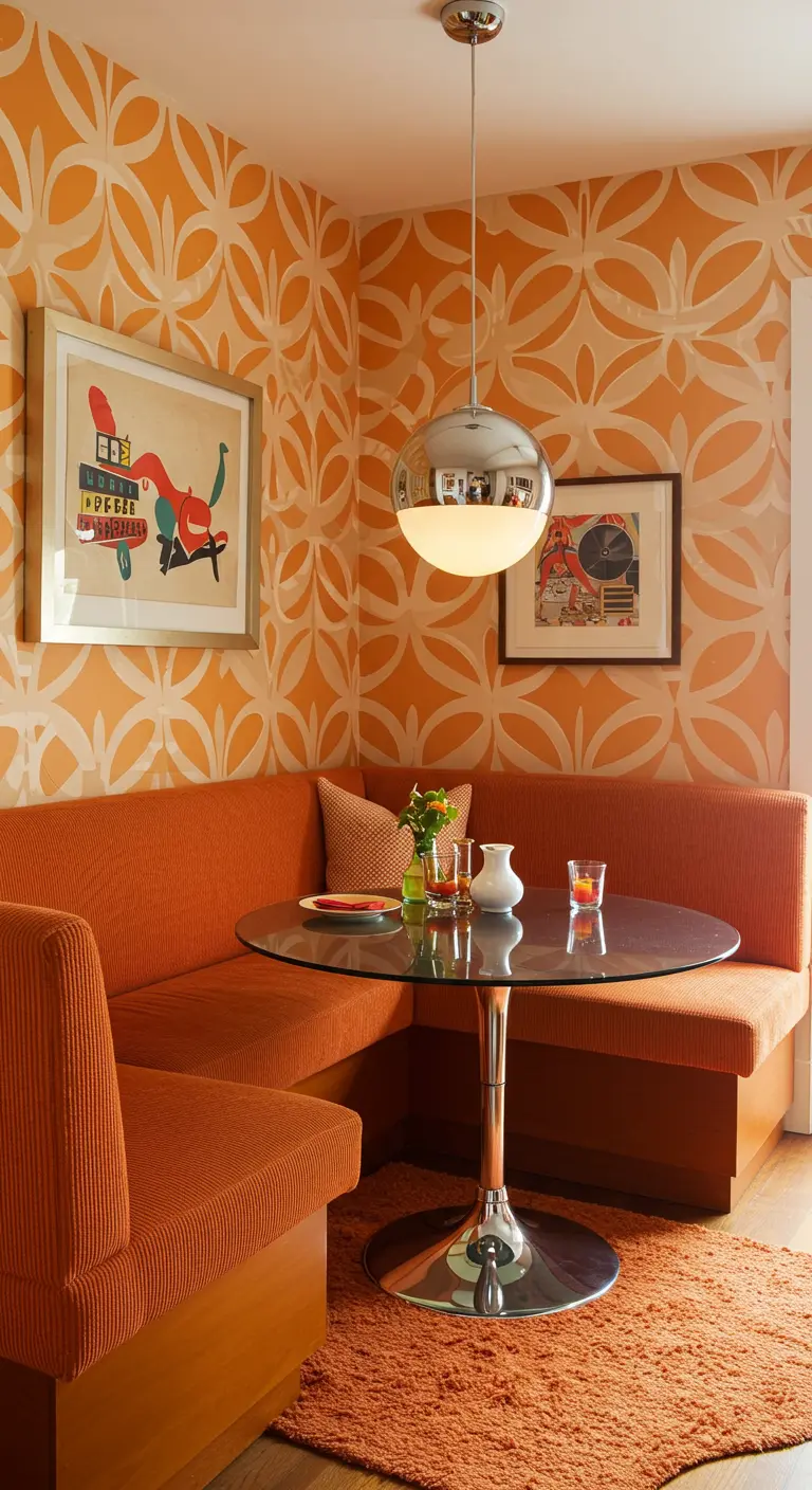 A retro '70s dining nook with orange corduroy upholstery and graphic wallpaper.