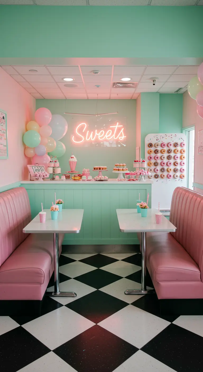 A retro-style room with pink booths, mint walls, a neon 'Sweets' sign, and a donut wall.