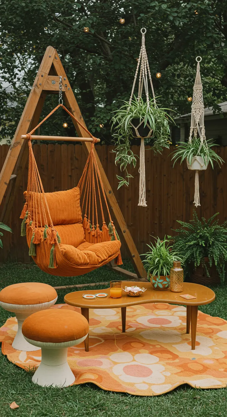 A plush orange hammock chair in a 70s-style backyard with mushroom stools and a retro rug.