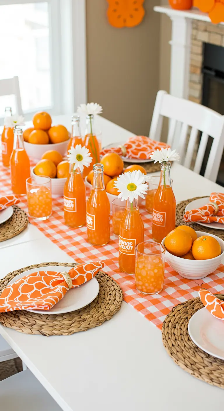 A cheerful table with an orange gingham runner, Orange Crush bottles with daisies, and oranges.