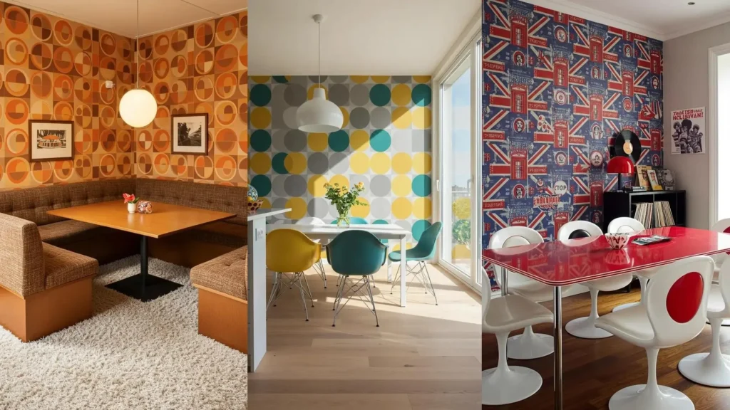 Three retro pop art dining spaces with bold graphic wallpaper and a red Formica tabletop.