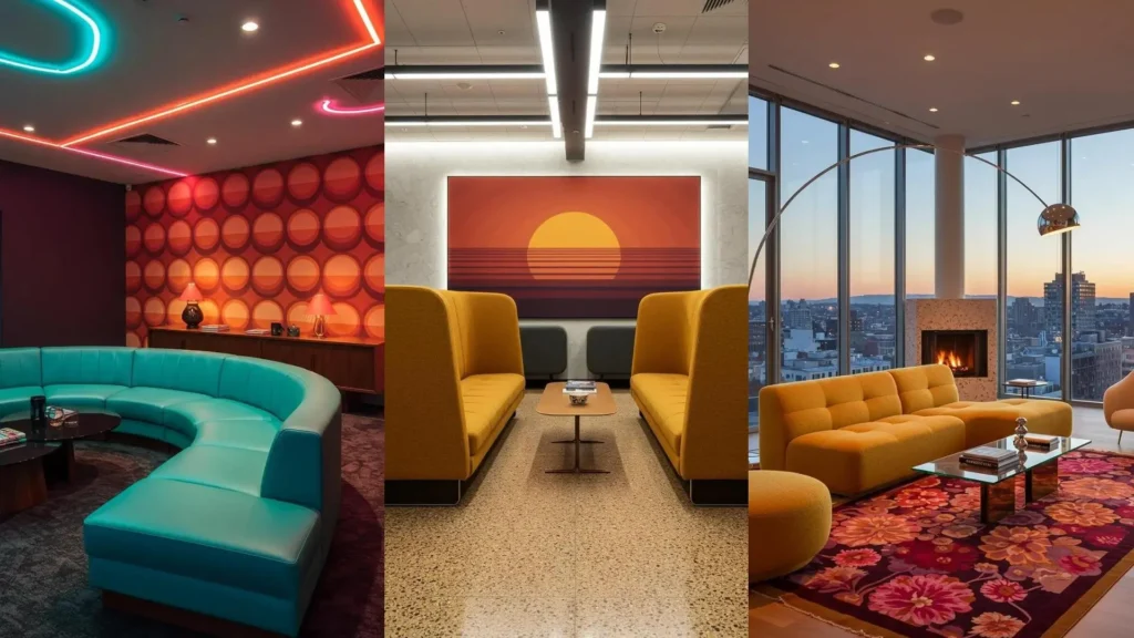 Three retro-revival interior spaces featuring curved sofas, sunset hues, and vintage prints.