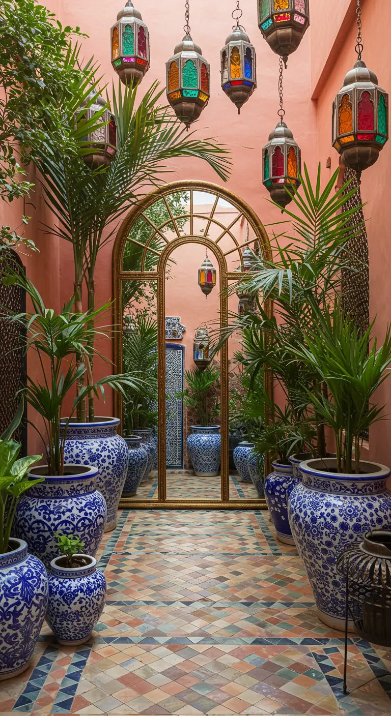 A Moroccan-style patio with colorful floor tiles, blue and white pots, and an arched mirror.