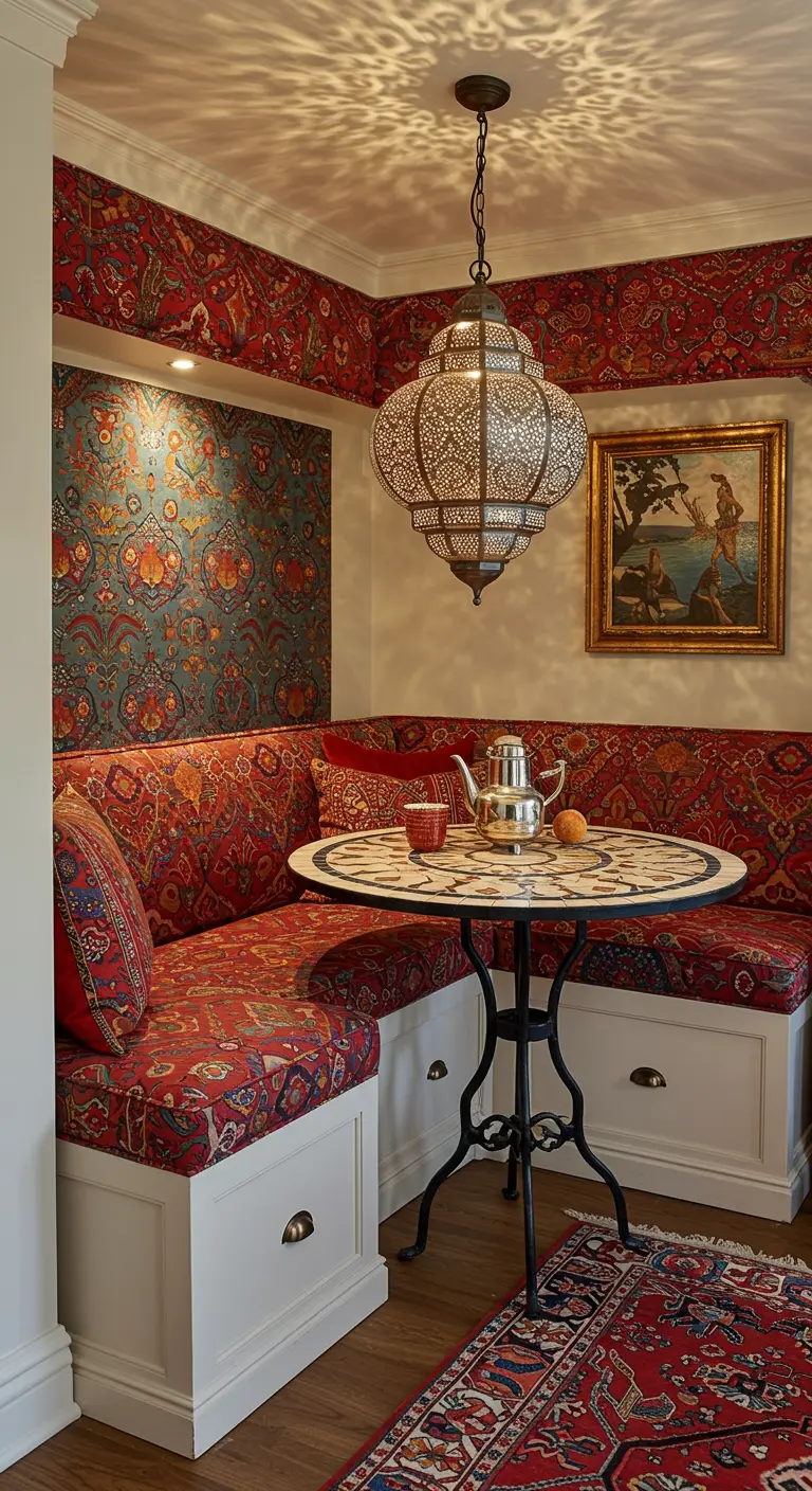 A Moroccan-inspired nook with patterned upholstery, wallpaper, and a metal lantern.
