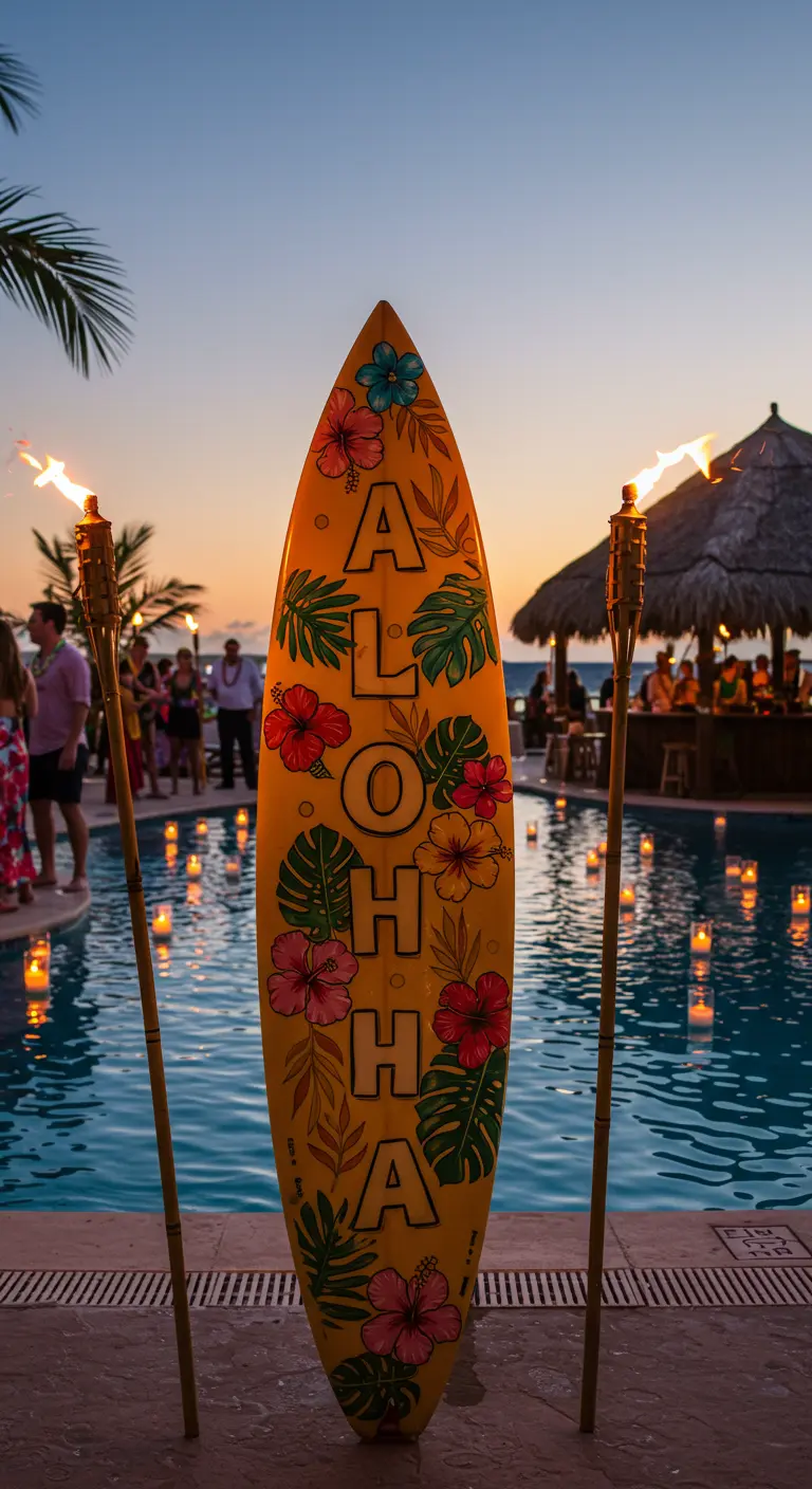 A yellow surfboard painted with 'ALOHA' and tropical flowers, used as a party welcome sign by a pool.
