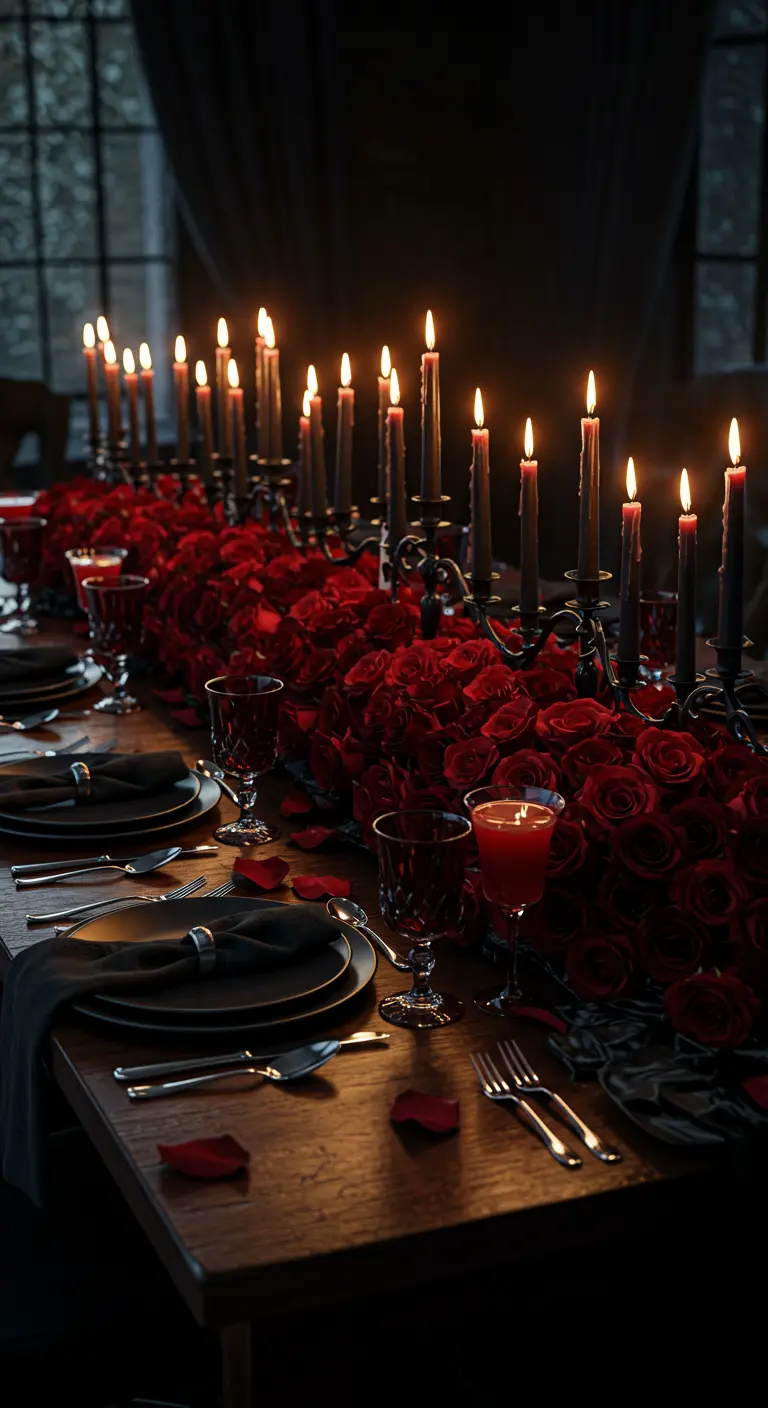 A dense centerpiece of red roses runs down a long, dark table with black candles.