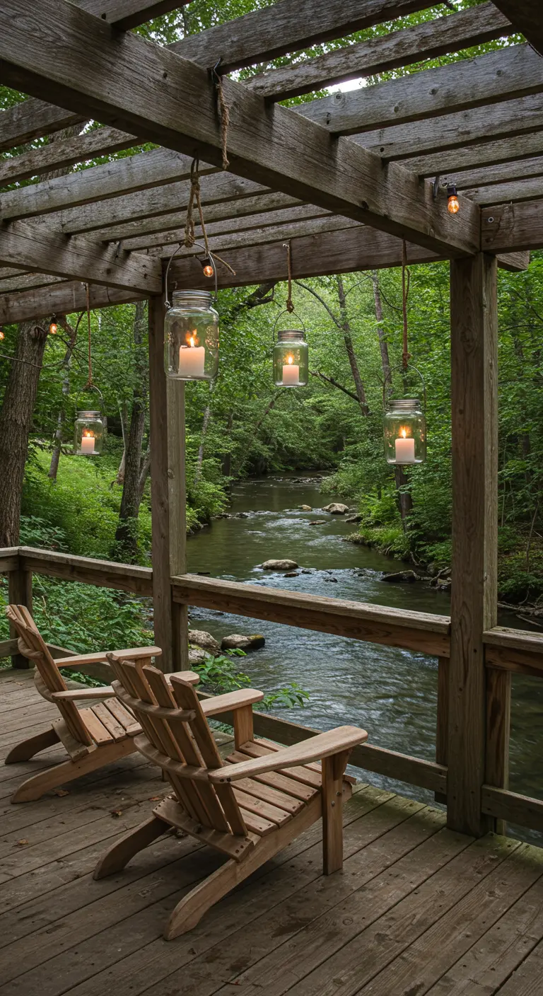 A row of Adirondack chairs on a wooden deck overlooking a river, with hanging mason jar candles.