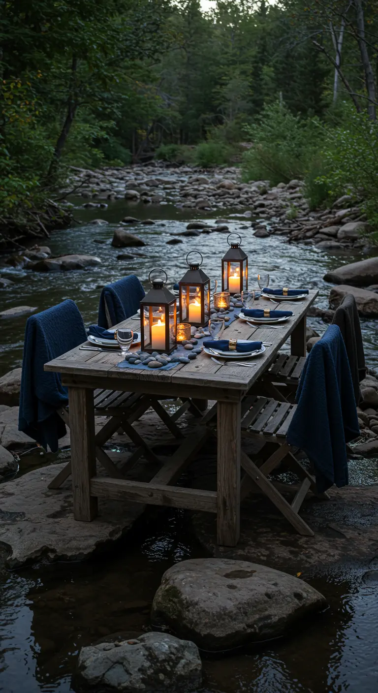 A wooden dining table set up in the middle of a shallow, rocky river with lanterns and blue throws.