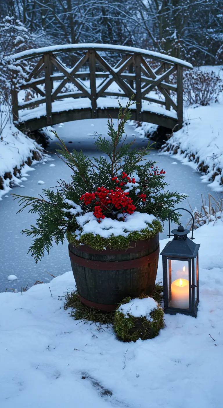 A rustic barrel planter with evergreens and berries next to a lit lantern by a frozen stream.