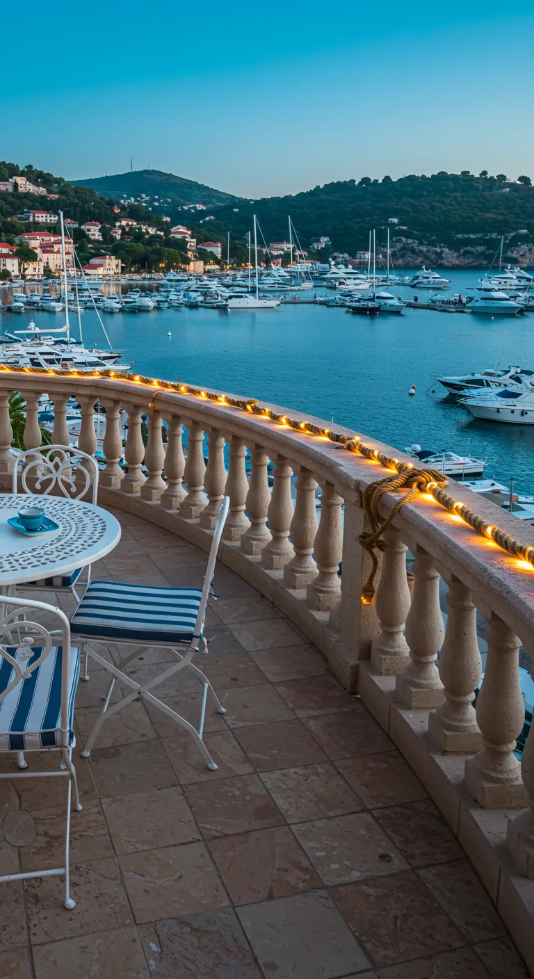 A balcony overlooking a harbor, with a rope light attached to the stone balustrade.