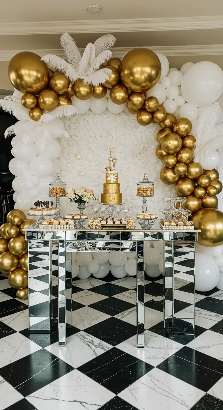 A glamorous balloon wall with white feathers and a mirrored dessert table.