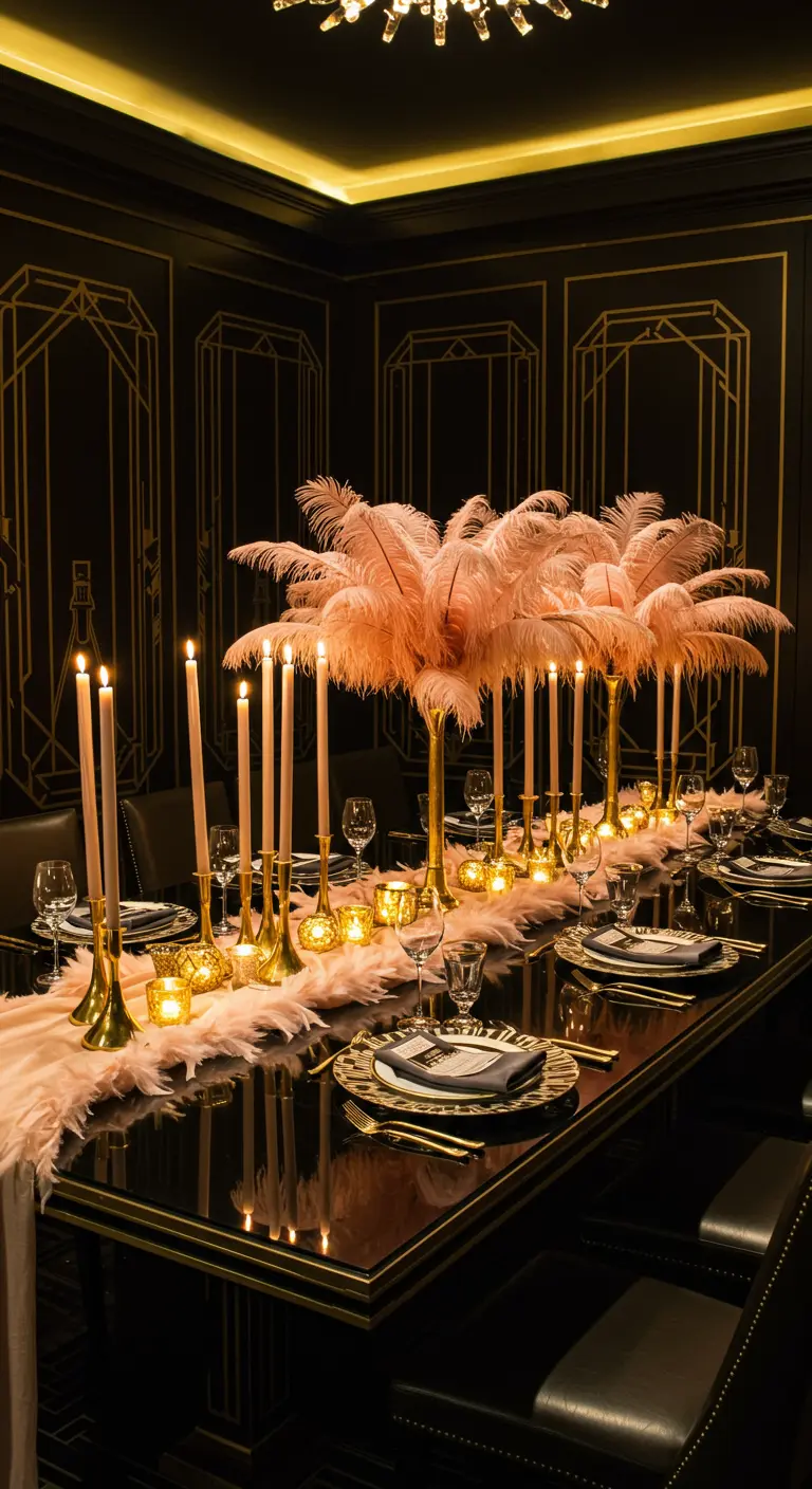 A dramatic dinner table with pink ostrich feather centerpieces and tall candles in a dark room.