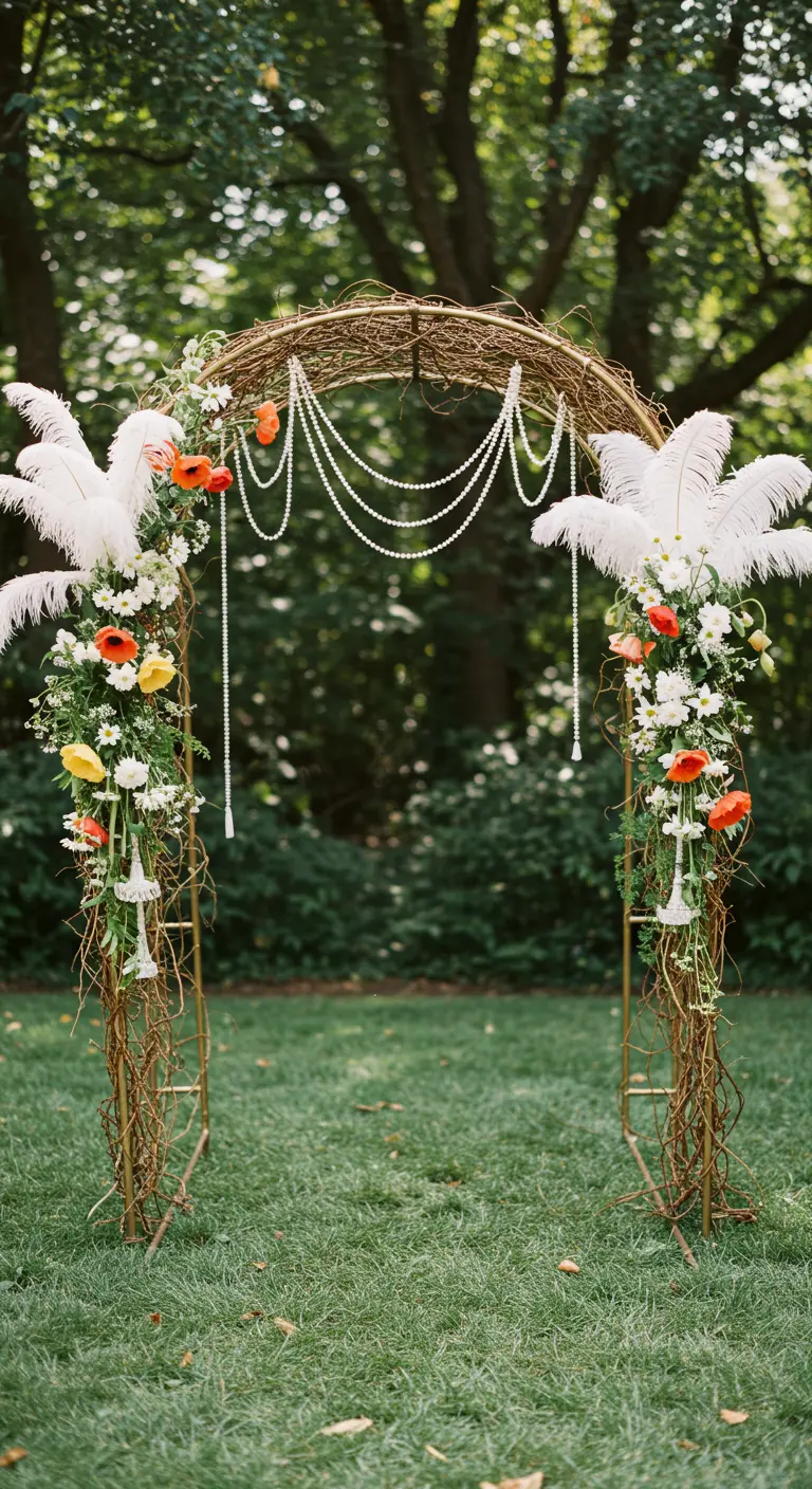 A gold wedding arch decorated with white feathers, pearls, and flowers for a 1920s theme.