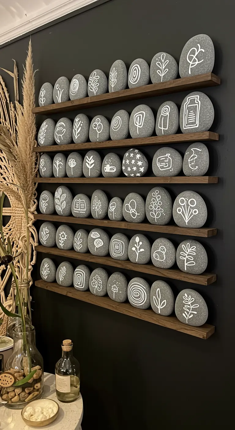 Floating shelves on a dark wall display dozens of gray stones painted with white botanical designs.