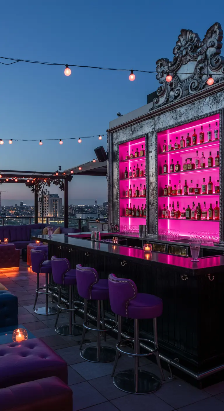 Ornate silver bar cabinet with hot pink LED lights and purple stools on a rooftop.