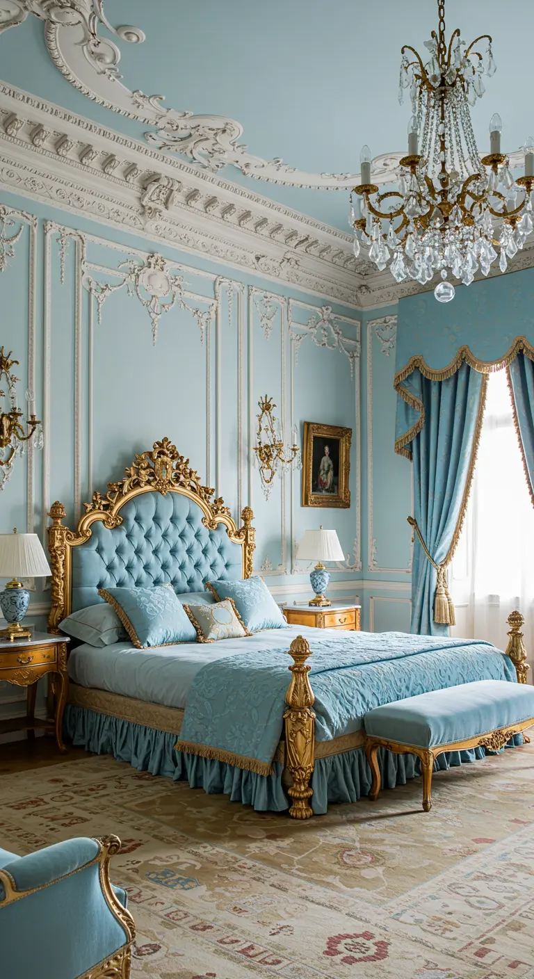 Ornate Rococo bedroom with a gilded blue velvet bed, elaborate wall moldings, and a chandelier.