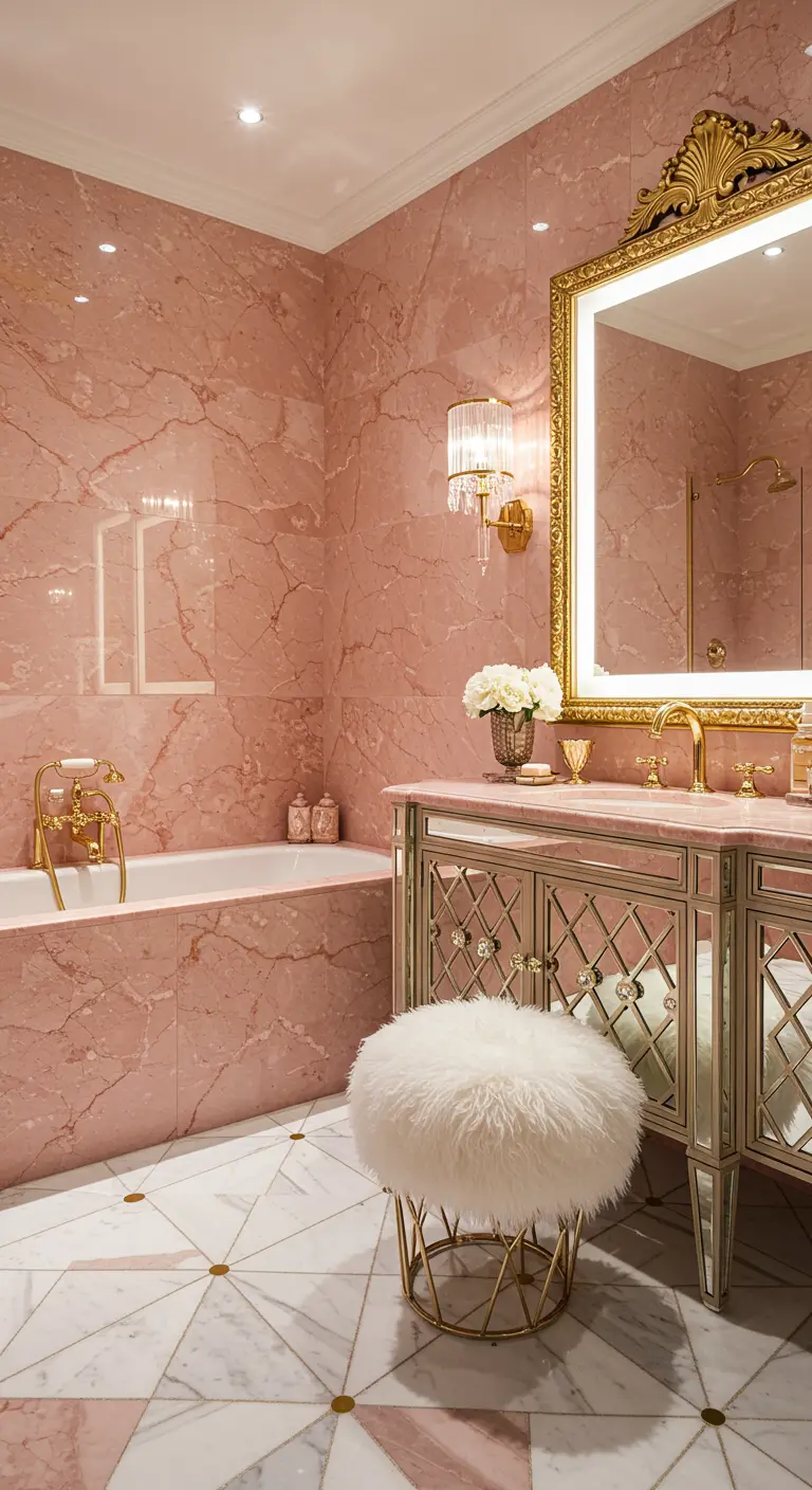 Luxurious pink marble bathroom with a mirrored vanity and an ornate gold mirror.