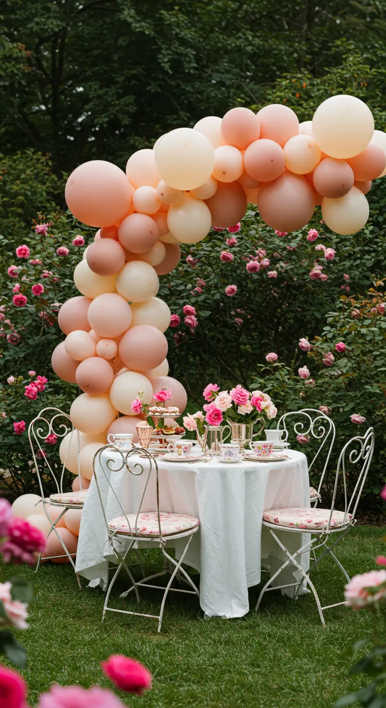Romantic table for two in a rose garden with a blush balloon arch.