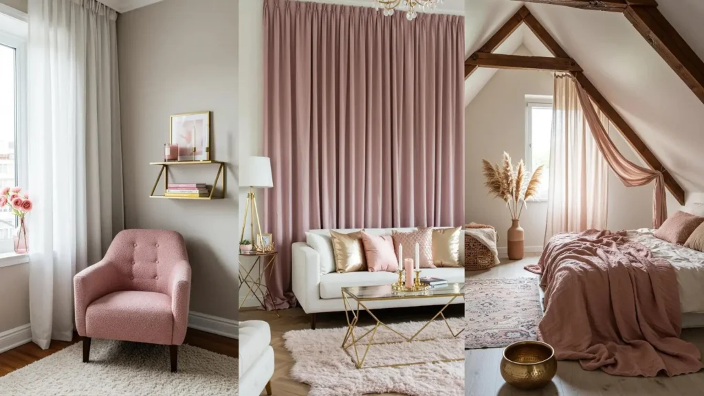 Romantic small space decor with dusty pink elements, soft gold accents, and flowing curtains in various rooms.