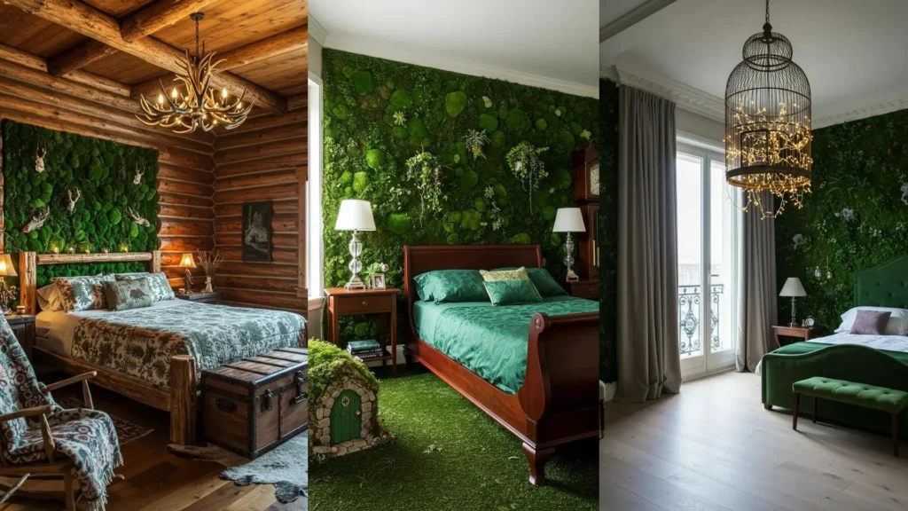 Three magical enchanted forest bedrooms with mossy walls, romantic lighting, and charming fairy tale details.
